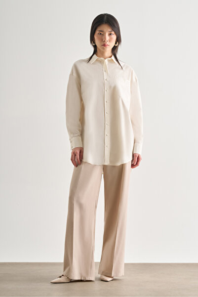 Mizalle Premium Saf Pamuk Ekru Oversize Gömlek