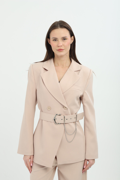 Genel Markalar Çıkarılabilir Kemerli Bej Kruvaze Ceket