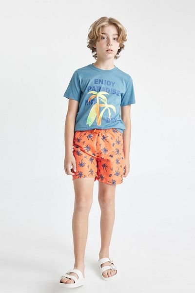 DeFacto Palm Printed 2-Piece Set for Boy - Short Sleeve T-Shirt and Swim Shorts C6300A824Hs