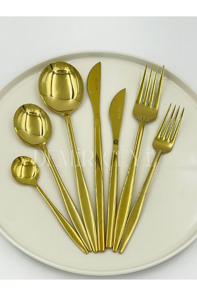 Demir Çeyiz Dmr Life Venezia Gold Fork Spoon Set 89 Pieces for 12 People
