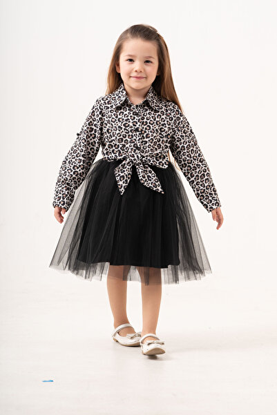 Gocoland Siyah Tül detaylı leopar desenli kız elbise