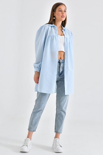 Saade Light Blue Striped Wrapped Fabric with Curved Robe and Gather Detail