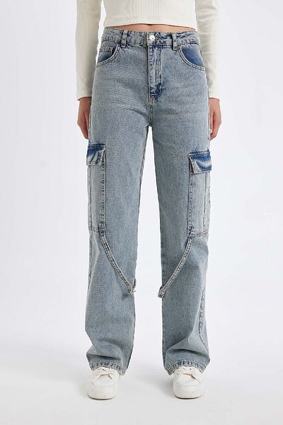 DeFacto Pantaloni lungi de blugi cu talie înaltă cargo cu picioare largi, spălați 25k 801005122