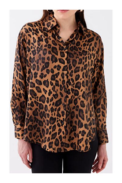 ŞIK VE MUTLU Leopard Pattern Oversize Viscose Women's Shirt
