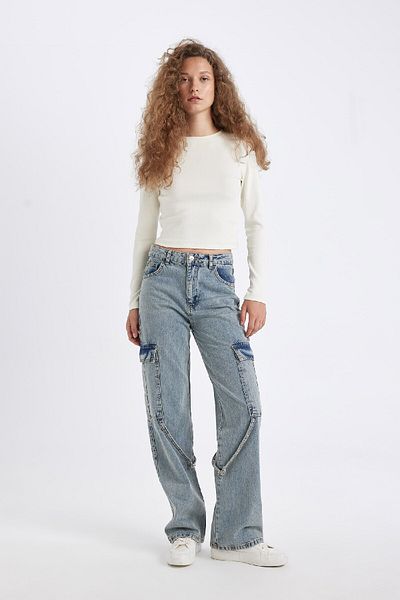 DeFacto Pantaloni lungi de blugi cu talie înaltă cargo cu picioare largi, spălați 25k 801005122