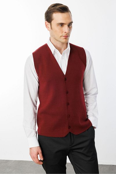 Desen Triko Men's Fine Knitwear Plain Vest Claret Red