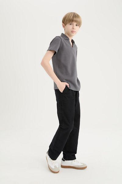 DeFacto Boy's Black Gabardine Trousers - Loose Fit, Cargo Pocket, Basic Model C7580A824Wn