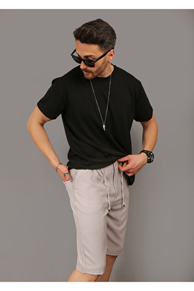 INFLUYENTE Men's Light Gray Lycra Jogger Waist Elastic Buttoned Striped Back Pocket Detailed Capri Shorts