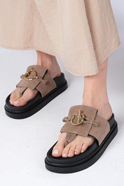 Mio Gusto Alison Genuine Suede Mink Color Platform Sole Flip Flops Women's Slippers