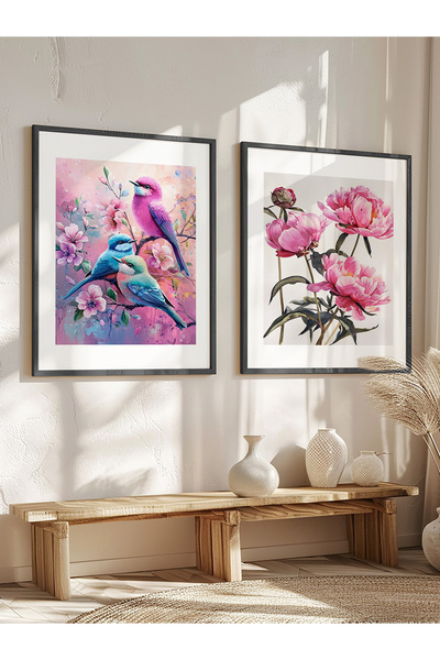 STARYUNA Moderni vintage set od 2 slike u crnom drvenom okviru sa ružičastim ...