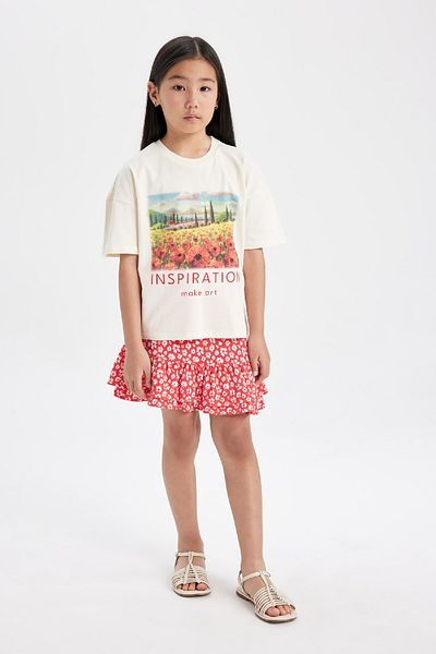 DeFacto 2-teiliges Set für Mädchen mit Rundhalsausschnitt, bedrucktem Kurzarm-T-Shirt und Blumenrock C5356a824hs