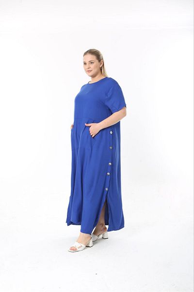 Şans Large Size Women's Saks, Long Dress with Metal Buttons and Kangaroo Pockets 65N37881