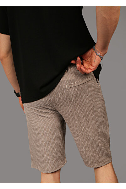 INFLUYENTE Men's Light Brown Lycra Jogger Waist Elastic Buttoned Striped Back Pocket Detailed Capri Shorts