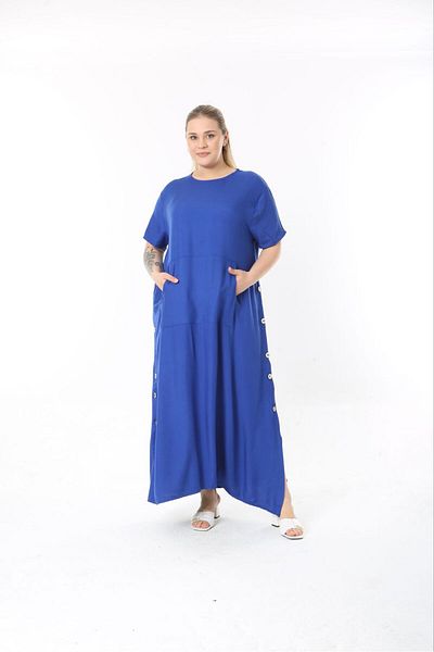 Şans Large Size Women's Saks, Long Dress with Metal Buttons and Kangaroo Pockets 65N37881
