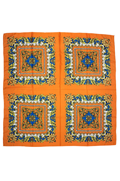 TikiTonki Etnik Çiçek Desenli Çok Parçalı Saten Oranj Eşarp - 90x90