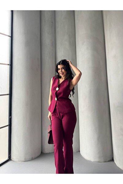 ZF BUTİK Kadın Gold Düğmeli Yelek Pantolon Takım