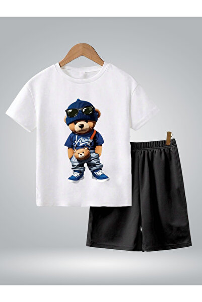 GLOWES Unisex Kids Front Printed White-Black Shorts Set