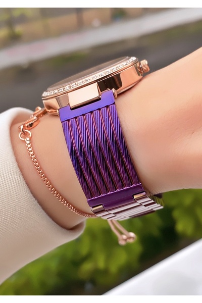 Ferrucci Marka Mor Renk Çelik Kordon 2 Yıl Garantili Kadın Kol Saati - Bileklik Hediyeli