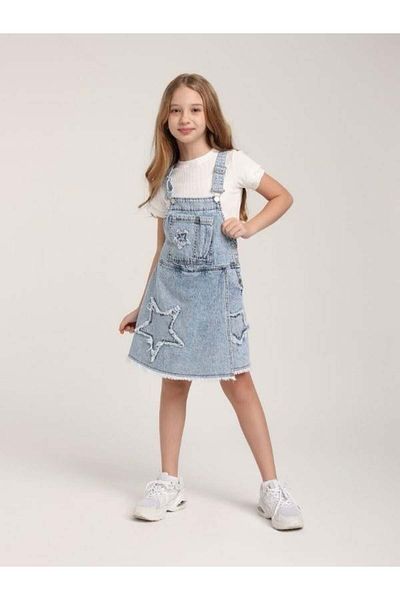 Zekids Girl's Star Patterned Denim Shorts Skirt Salopet