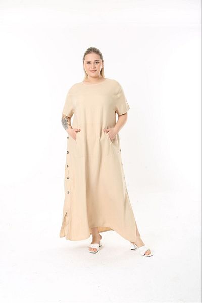 Şans Large Size Beige Women's Long Dress with Metal Buttons on the Sides and Kangaroo Pockets