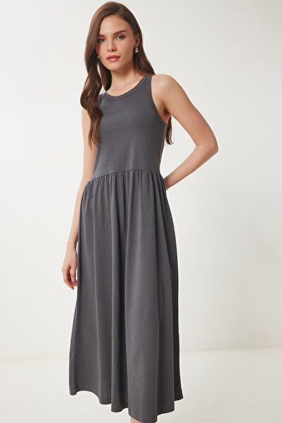 Lovelyİstanbul Halter Yaka Basic Yazlık Örme Elbise ANTRASİT LCR0053