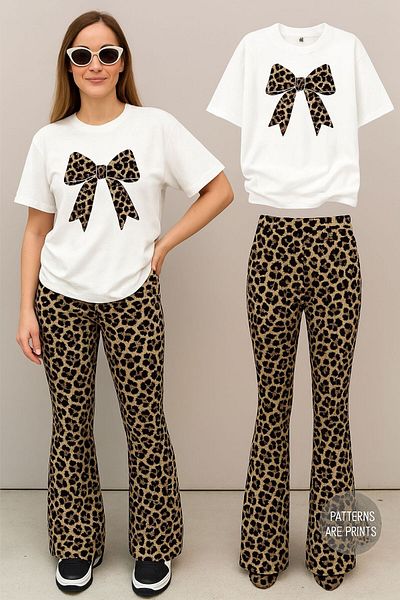 LOUİSA Women's White Ribbon Printed T-Shirt-Leopard Print Flared Leg Pants Set