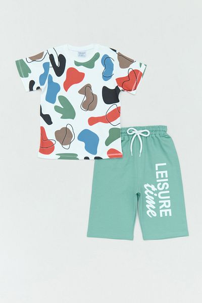 Fulla Moda Patterned Crew Neck 2-Piece Boy's Shorts Suit