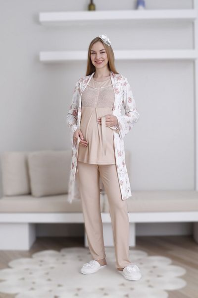 Pelin Women's Lace Detailed Printed Adjustable Waist Maternity Maternity 3-Piece Pajama Set