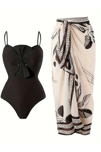 Behills Vintage Pareo Strapless Swimsuit Suit Second Layer Bow Detail