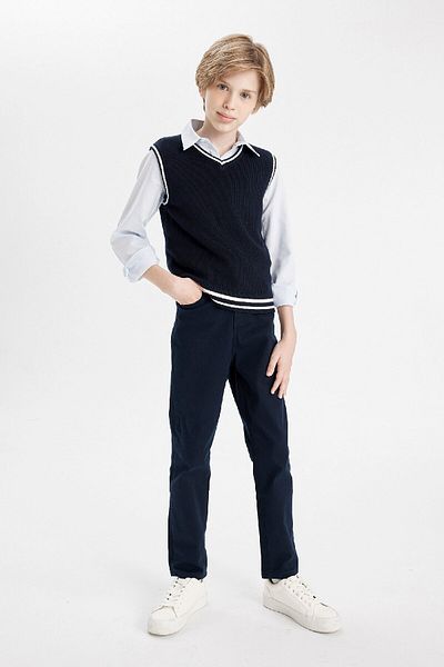DeFacto Boy's Navy Blue Gabardine School Pants with Straight Leg Pockets 25K801T00129