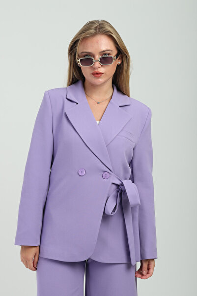 Milamia Düğmeli Bağlamalı Lila Oversize Kruvaze Ceket