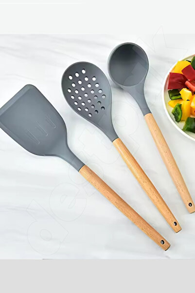 Destpak 11-Piece Silicone Serving Set with Bamboo Handles - Ladle, Colander, Tongs, Spatula Set - Fireproof Silicone Set