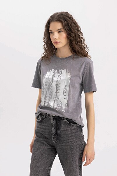 DeFacto Βαμβακερό χτενισμένο μπλουζάκι με στάμπα με κανονική εφαρμογή - C7729ax24sm