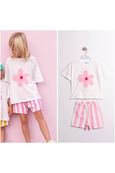 Çipil Pink Striped Shorts Comfortable Set