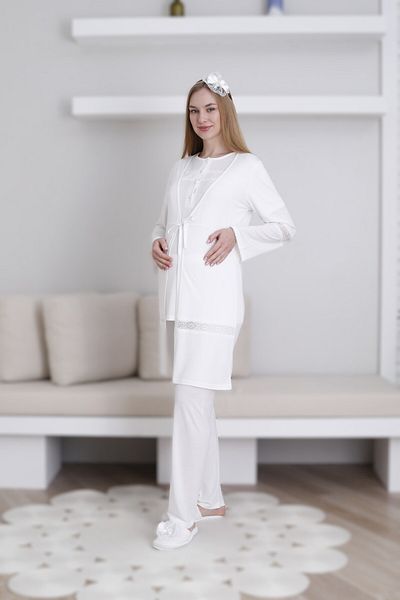 LOHOUSE Women's Ecru Simple Design Maternity Pregnant Dressing Gown 3-Piece Pajama Set
