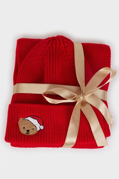 DeFacto Zweiteiliges Set mit Strickschal und Mütze für Mädchen mit Neujahrsmotiv C7990a824wn