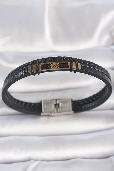 Clariss 316L Steel Gold Color Double Row Twist Pattern Leather Cord Men's Bracelet with Ship Wheel Accessory