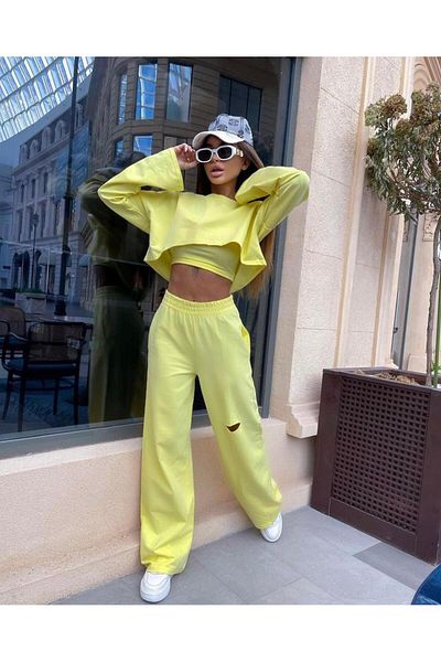 Dumantekstil Women's 3-Piece Tracksuit Suit Pants, T-Shirt, Crop, Two-Thread Set