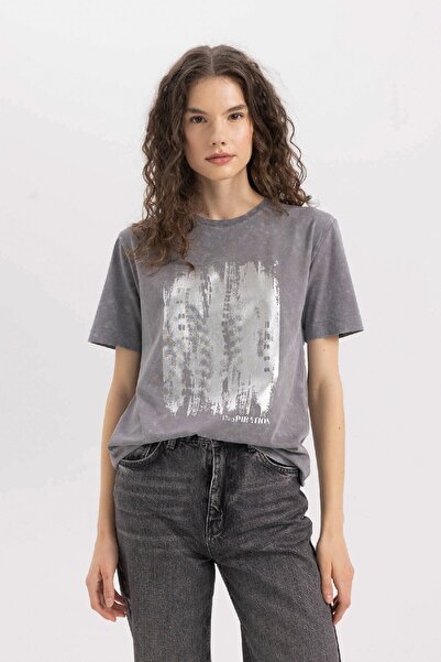 DeFacto Βαμβακερό χτενισμένο μπλουζάκι με στάμπα με κανονική εφαρμογή - C7729ax24sm