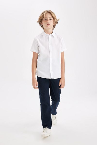DeFacto Boy's Straight Leg Elastic Waist Pocket Navy Blue Gabardine School Pants 25K 801005746