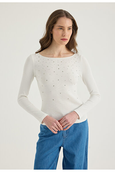 Masha Kate Serpme Taşlı Kayık Yaka Bluz