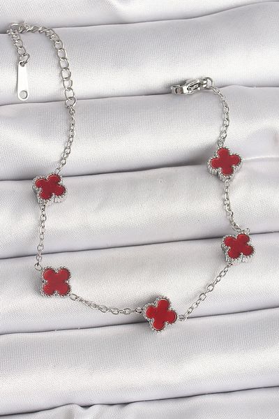 Mu Art Ahşap 316L Steel Silver Color Baby Boy Red Clover Model Women's Bracelet
