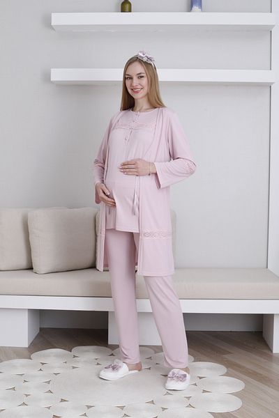 LOHOUSE Women's Powder Plain Design Maternity Pregnant Dressing Gown 3-Piece Pajama Set