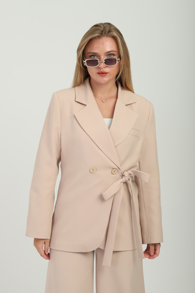 Genel Markalar Düğmeli Bağlamalı Bej Oversize Kruvaze Ceket