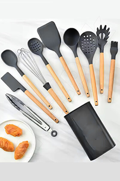 Destpak 11-Piece Silicone Serving Set with Bamboo Handles - Ladle, Colander, Tongs, Spatula Set - Fireproof Silicone Set