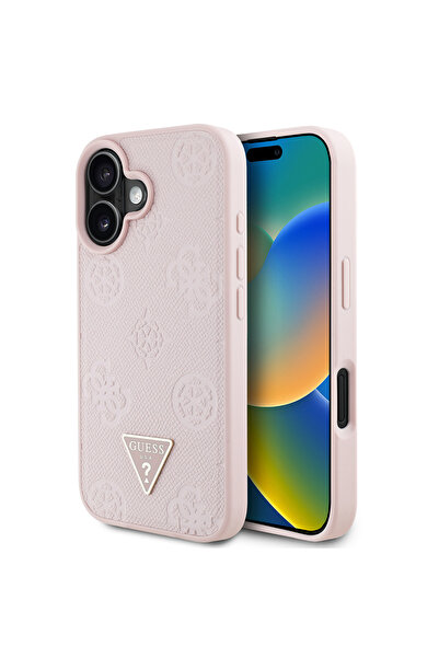 Guess iPhone 16 Case Guess Compatible Magsafe Capable Triangle Logo Pu Leather Peony Cover Pink
