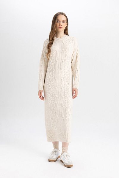 DeFacto Vlasový pletený vzor Crew Neck Midi Pletené šaty – Regular Fit, Dlouhý rukáv Y2073az24wn