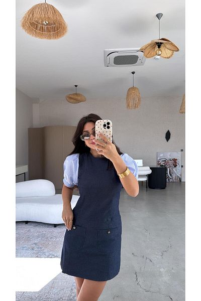Buket Teke Rochie din denim cu detaliu popelin cu mâneci