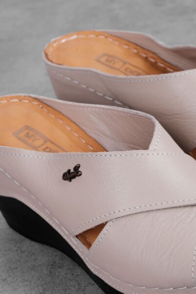 Lal Shoes & Bags Women's Genuine Leather Cross Strap Detailed Wedge Heeled Slippers-Beige