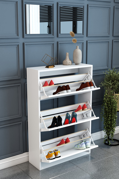 Evnalia Düşer Kapak Ayakkabılık Kapı Önü & Dış Mekan Duvara Monte 3 Bölmeli 6 Raflı Rampalı 110 x74 cm